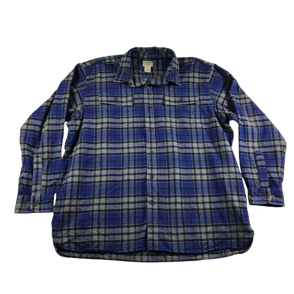 LL Bean Flannel Shirt Mens XXL Blue Grey Plaid Traditional Fit Cotton 277981‎